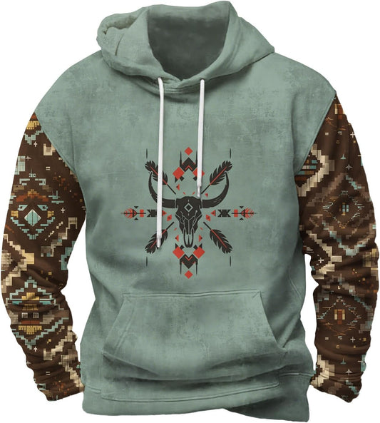 Befox Mens Sweatshirts,Aztec Hoodie Western Vintage Fall Long Sleeve Hooded Tops Tribal Graphic Pullover With Pockets