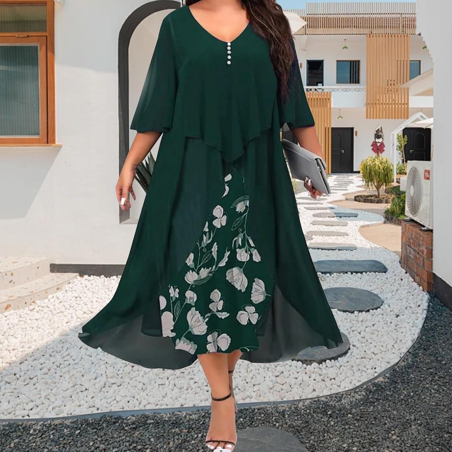 FONDBERYL Flowy Chiffon Floral Maxi Dress for Women V Neck Half Sleeve Ruffle Plus Size Elegant Cocktail Wedding Guest Dresses