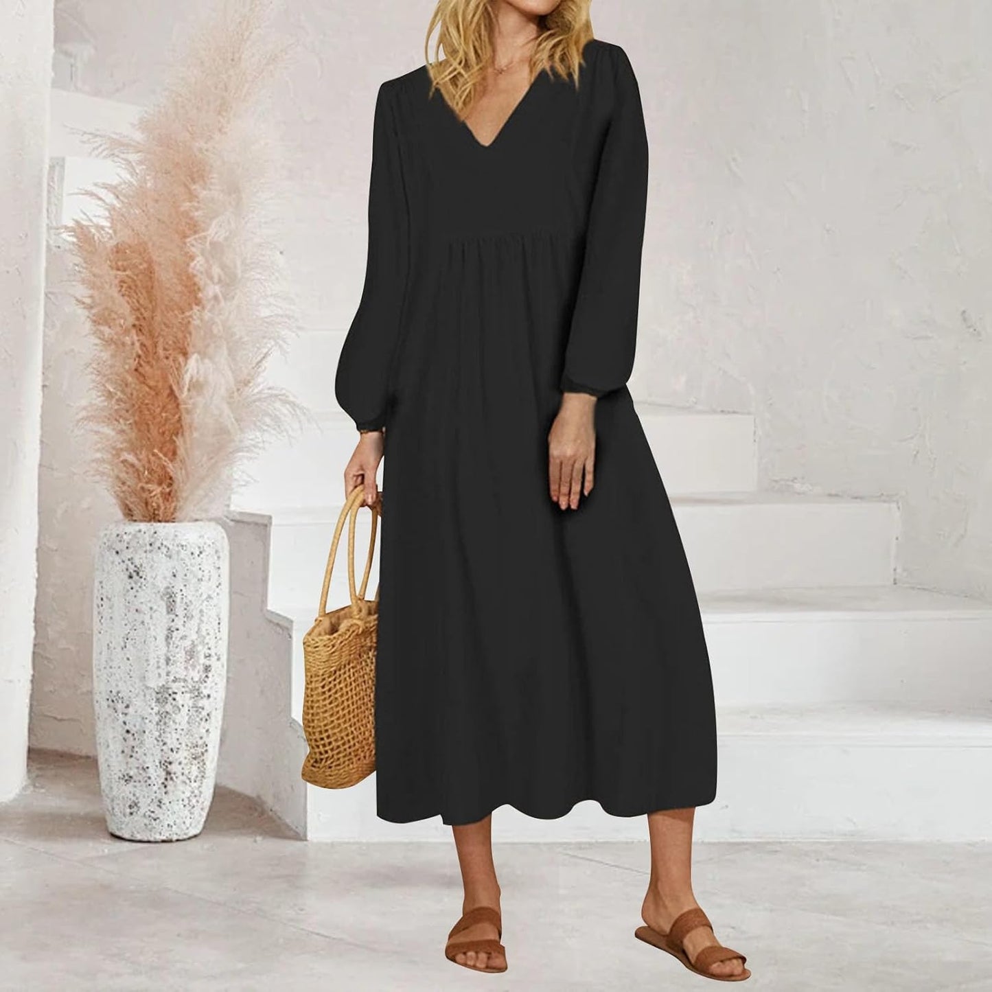 Alivebody Women's Cotton Linen V Neck Midi Dress with Lantern Sleeve, Loose A Line High Waisted Casual Spring Summer Dresses