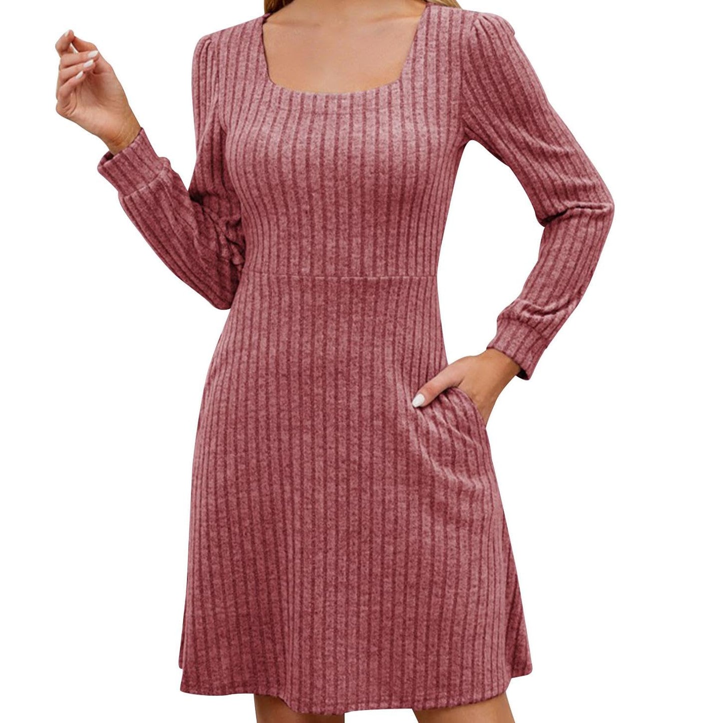 GYMDOG Women Dress for Summer Spring with Square Neck Casual Midi Polyester Skirt Solid Stripes Classic Dresses