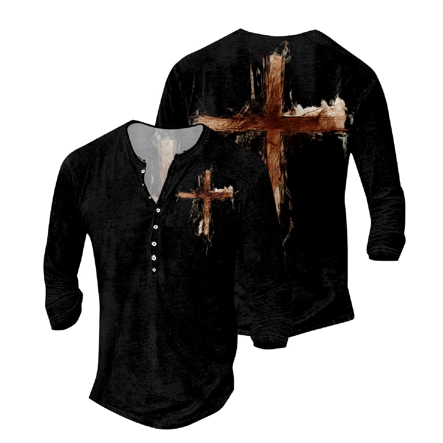 JiffPom Mens Christian Faith Long Sleeves Silky Henley Shirt Cool Jesus Cross Print Casual Button Down Polo Shirts
