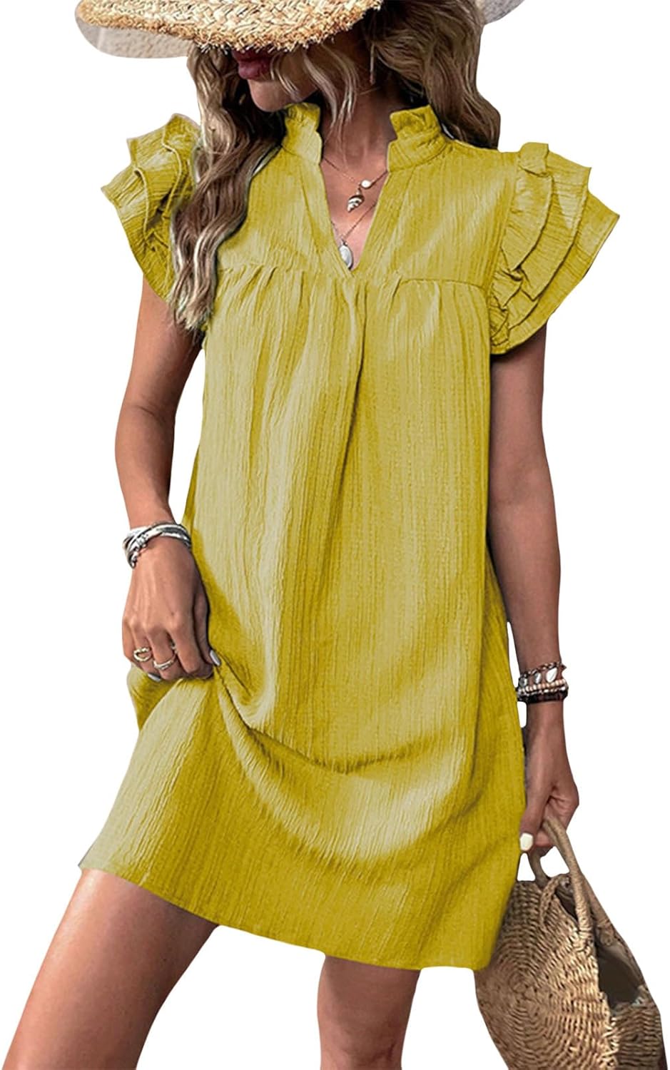 Gymrex Ruffle Sleeve Dress for Women V Neck Summer Casual Ruffle Short Sleeve A Line Mini Women Straight Dresses