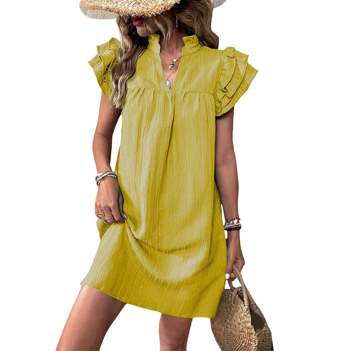 Gymrex Ruffle Sleeve Dress for Women V Neck Summer Casual Ruffle Short Sleeve A Line Mini Women Straight Dresses