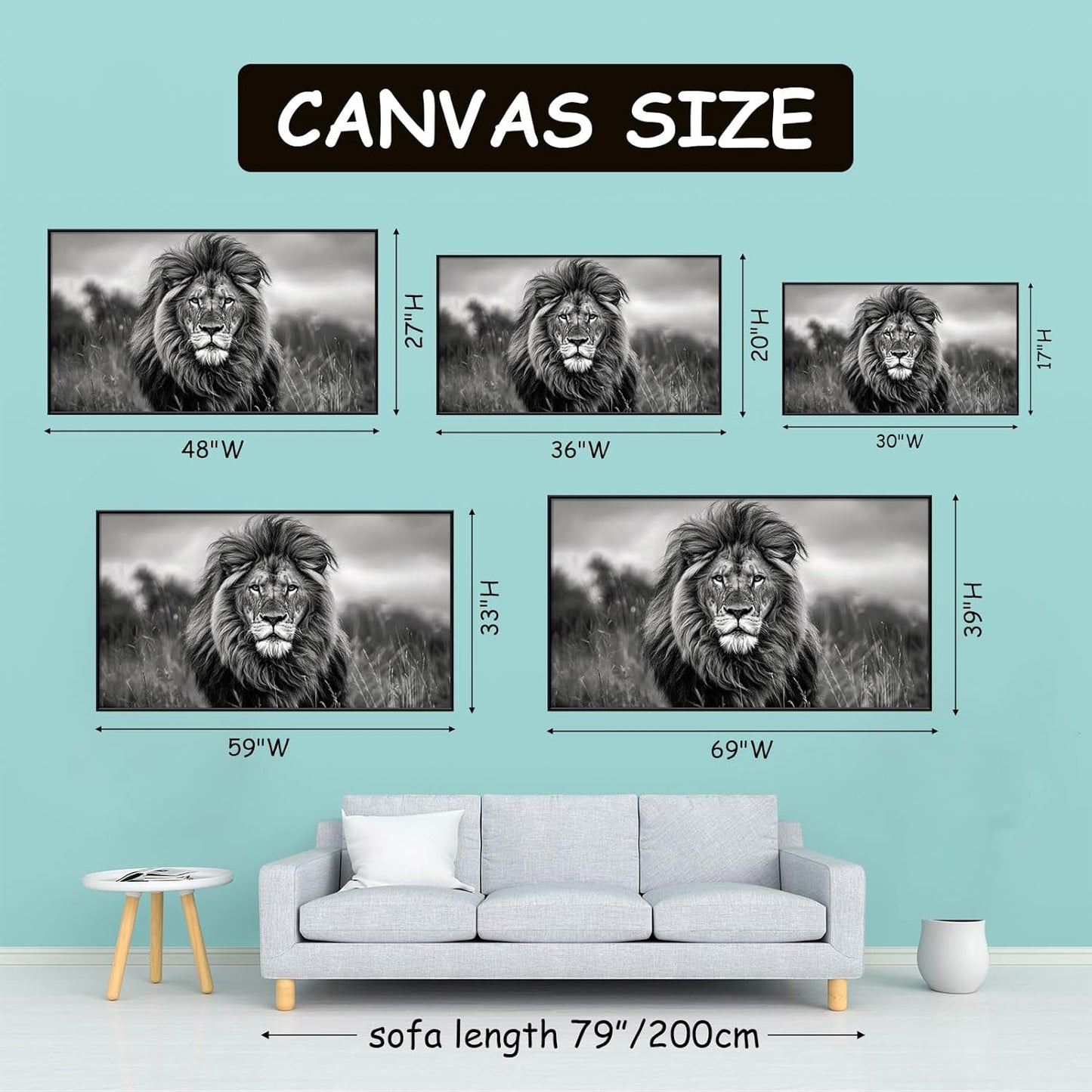 JiffPom Lion Canvas Wall Art, Lion Pictures Wall Decor, African Wildlife Canvas Wall Art, Animal Posters, Black And White Art Prints, Farmhouse Decor, Home Decor Living Room (Black Framed, 48"x27"|122x68cm)