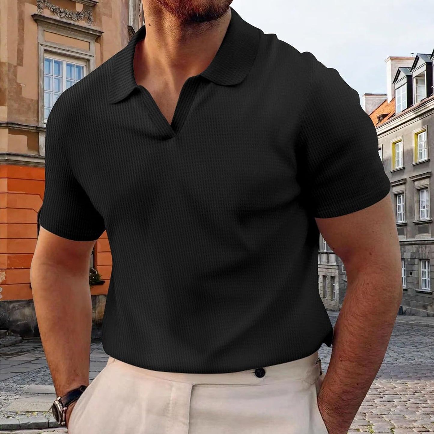 WAZZAP Polo Shirts for Men V Neck Pullover Waffle Casual Hippie Stretch Short Sleeve Business Summer Beach Workout Tops