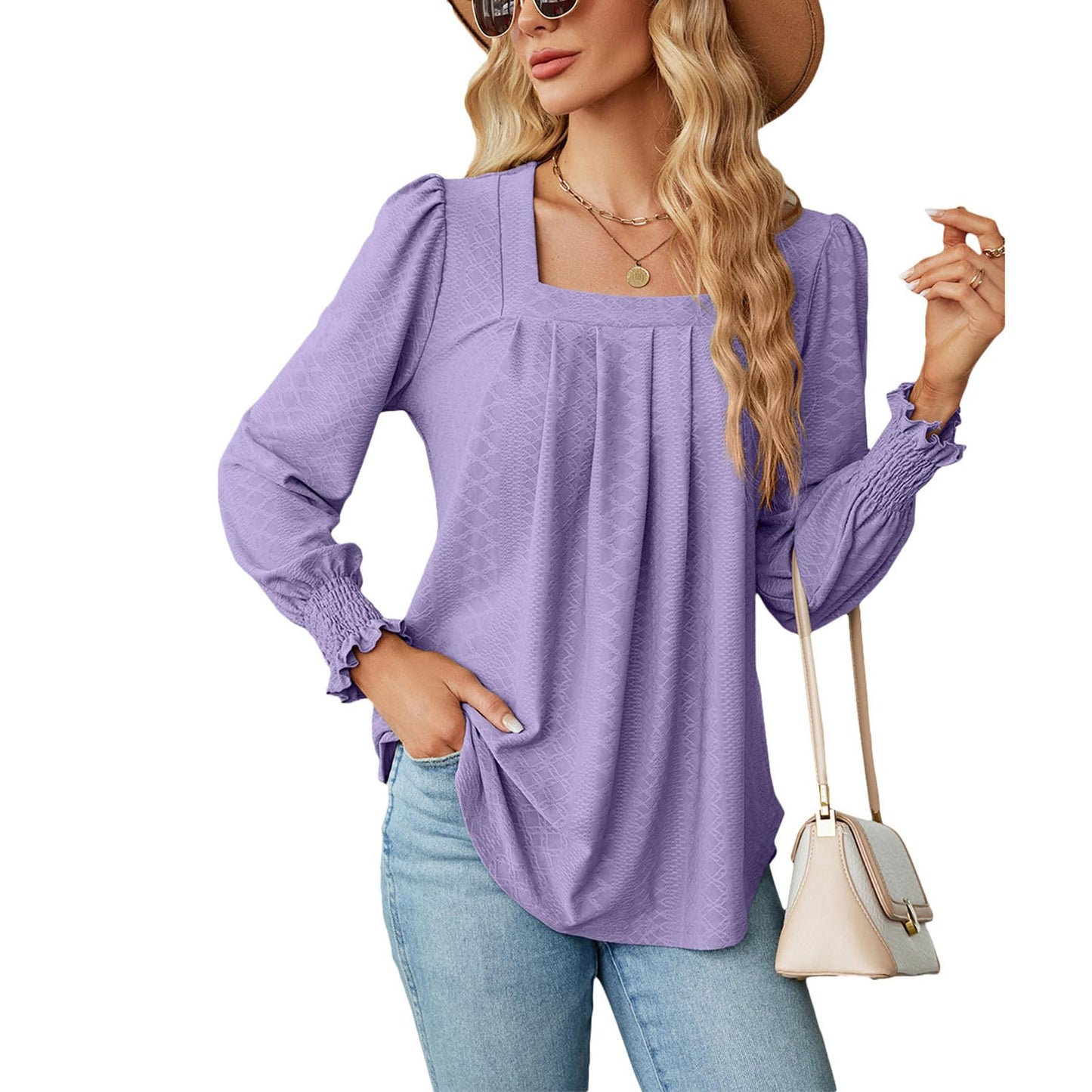 Befox Square Neck Pleated Tops for Women, Flowy Tunic Blouse Puff Sleeve Lightweight Loose Dressy Casual Pleated Shirt