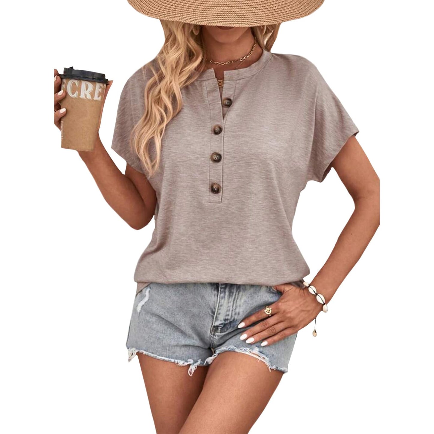 NAILONG Short Sleeve Henley Shirt for Women, Loose Fit V Neck Button Front Casual Lightweight Summer Tops 2026 Basic Tee