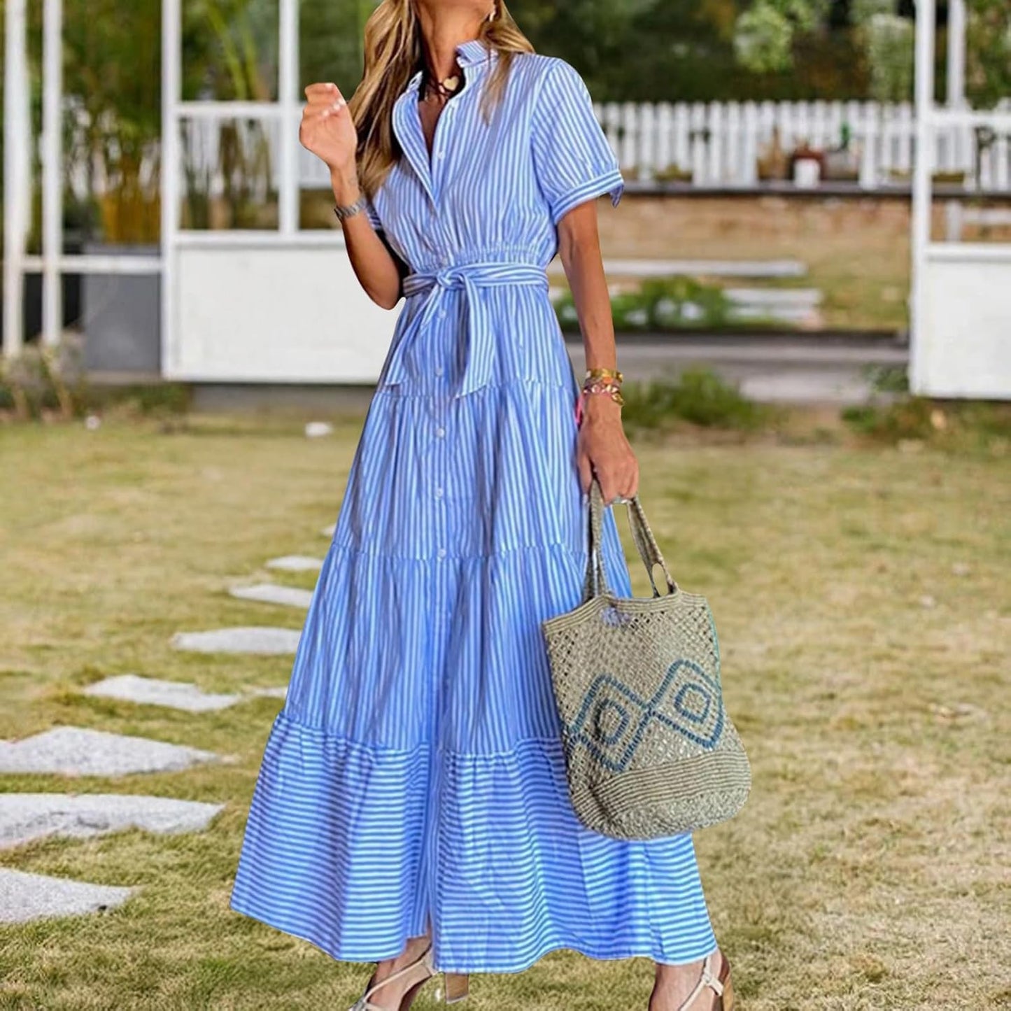 NAILONG Women's Striped Shirt Dress Button Down Vertical Stripes Tie Waist Short Sleeve Long Flowy Maxi Tiered Ruffle Dress
