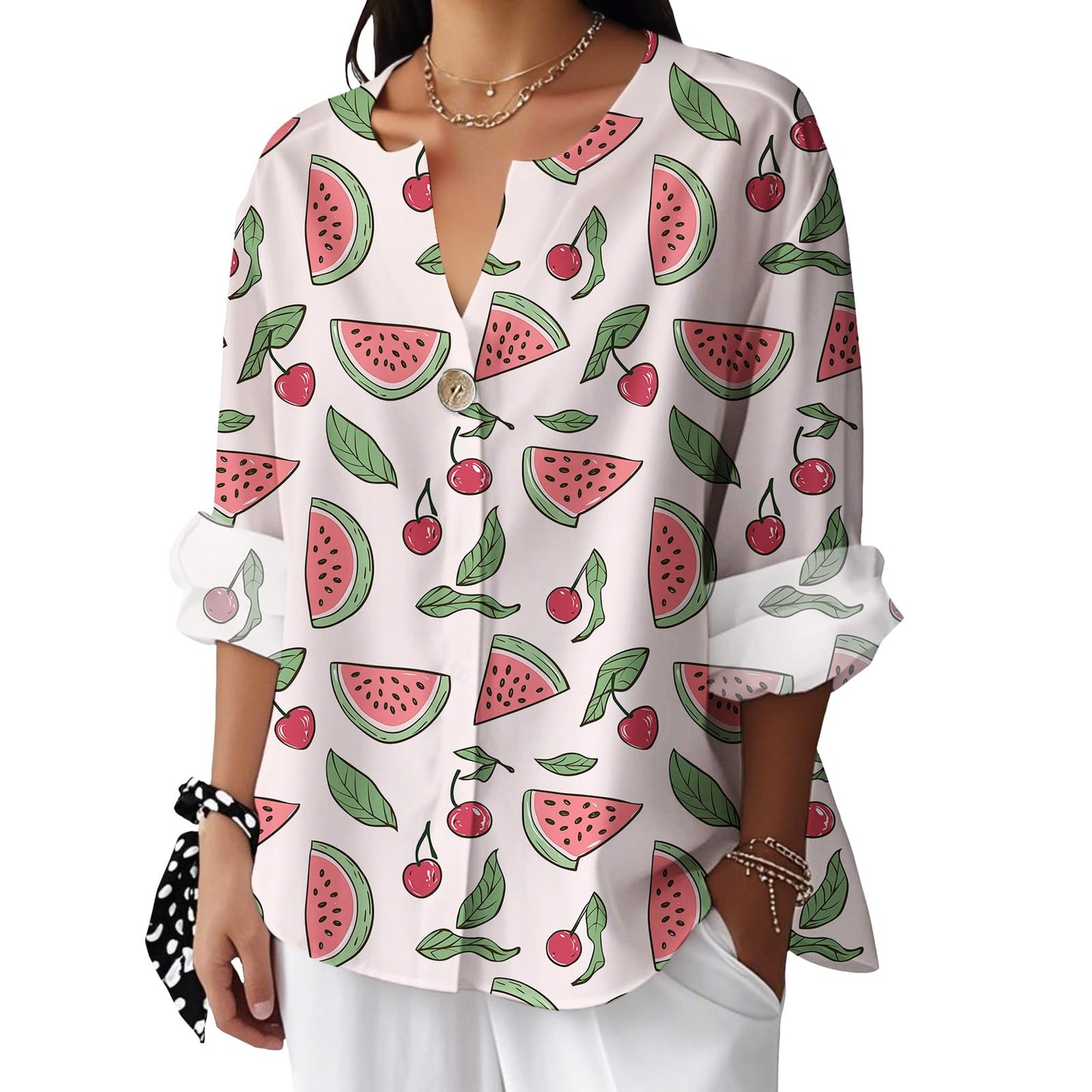 Reigee Hawaiian Shirts for Women 3/4 Sleeve Linen Shirts Floral Print Button V Neck Casual Loose Summer Graphic Tops Blouse