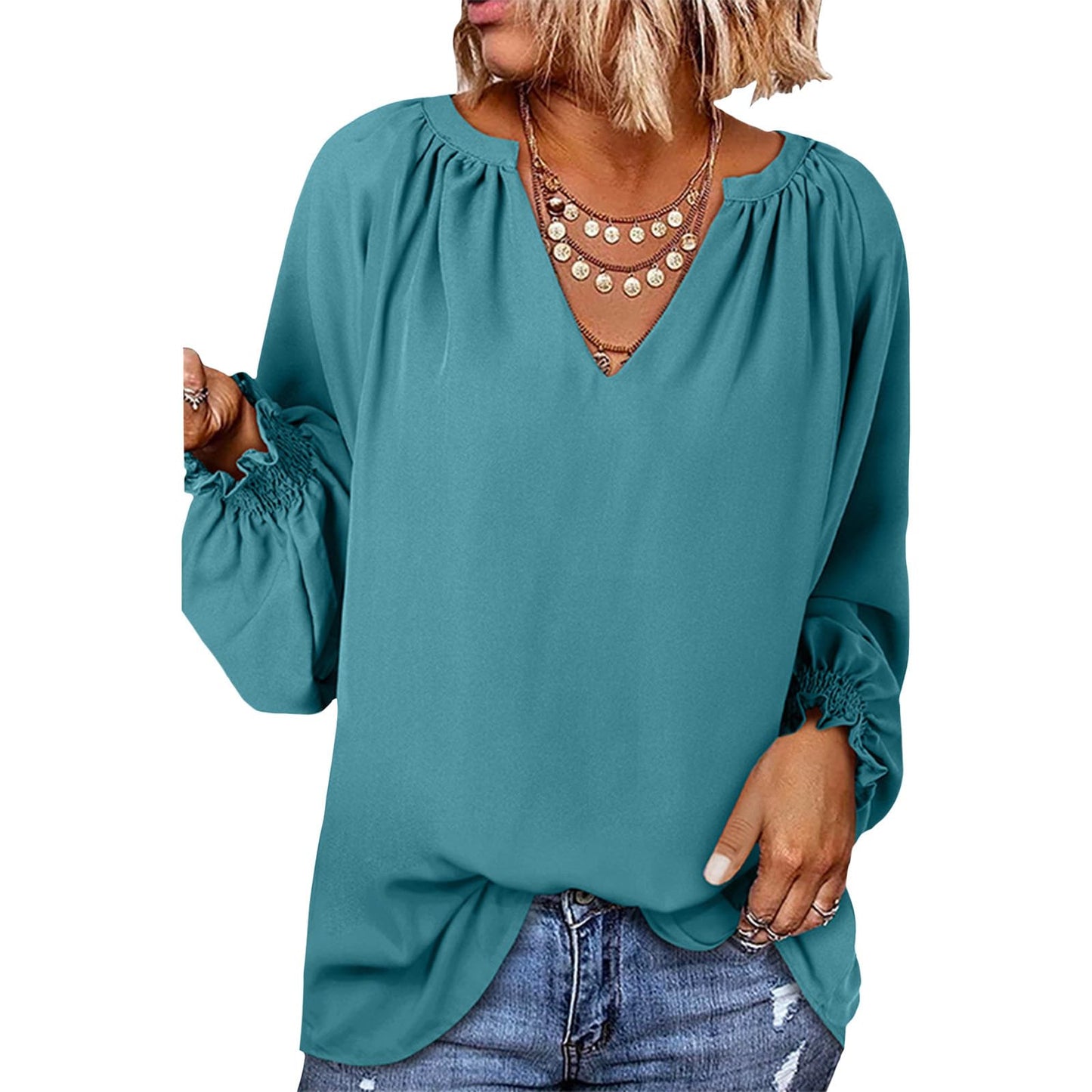 Gymrex Pleated Tops for Women - Lantern Sleeve Top V Neck Pleated Blouse Spring 2026 Trendy Long Sleeve Plus Size Shirt