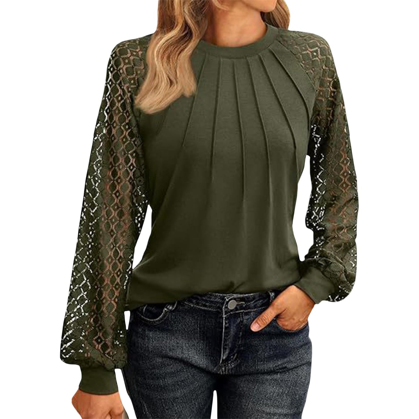 GYMBULL Lace Sleeve Tops for Women Pleated Crew Neck Shirt Dressy Casual Spring Fall Fashion 2026 Trendy Pleated Blouse