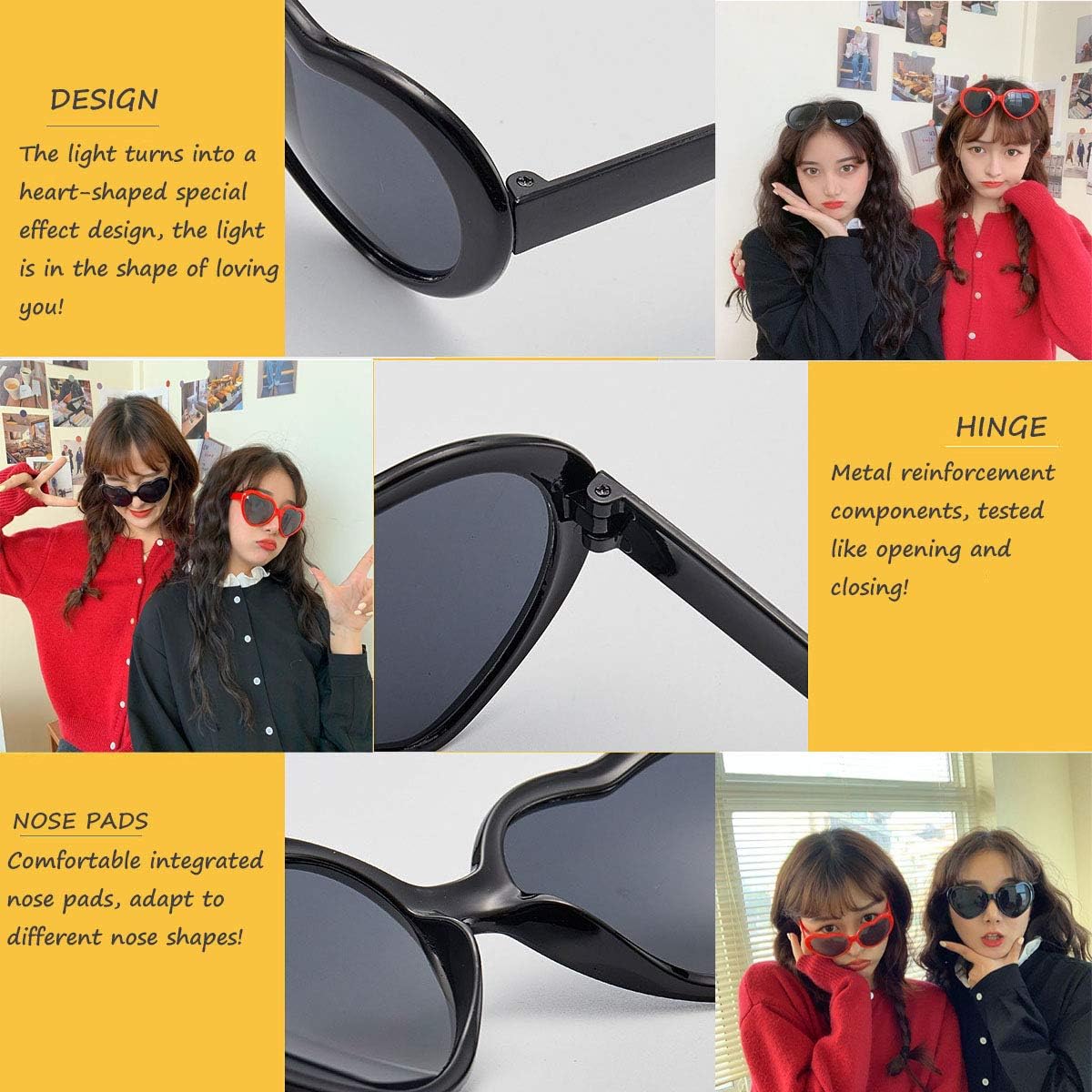 JiffPom Heart Sunglasses for Women Men Festival Party Rave Light Changing Heart Effect Diffraction Glasses UV400 Protection