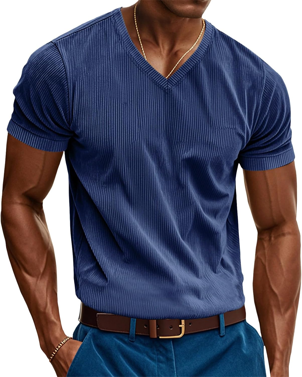 GYMDOG Slim Fit T Shirts for Men 2025 Spring V Neck Short Sleeve Ribbed Knit Corduroy Shirts Solid Casual Business Tops