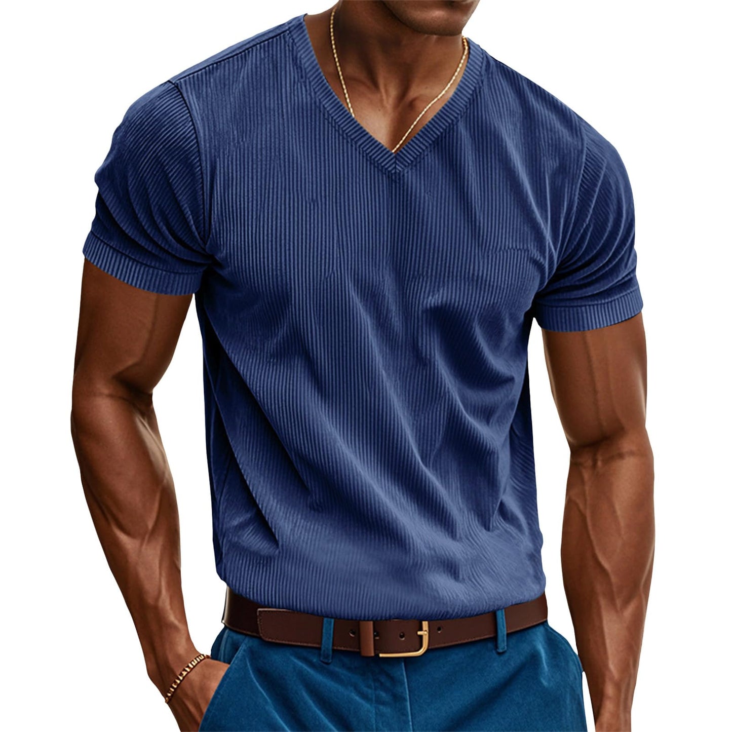Reigee Slim Fit T Shirts for Men 2025 Spring V Neck Short Sleeve Ribbed Knit Corduroy Shirts Solid Casual Business Tops