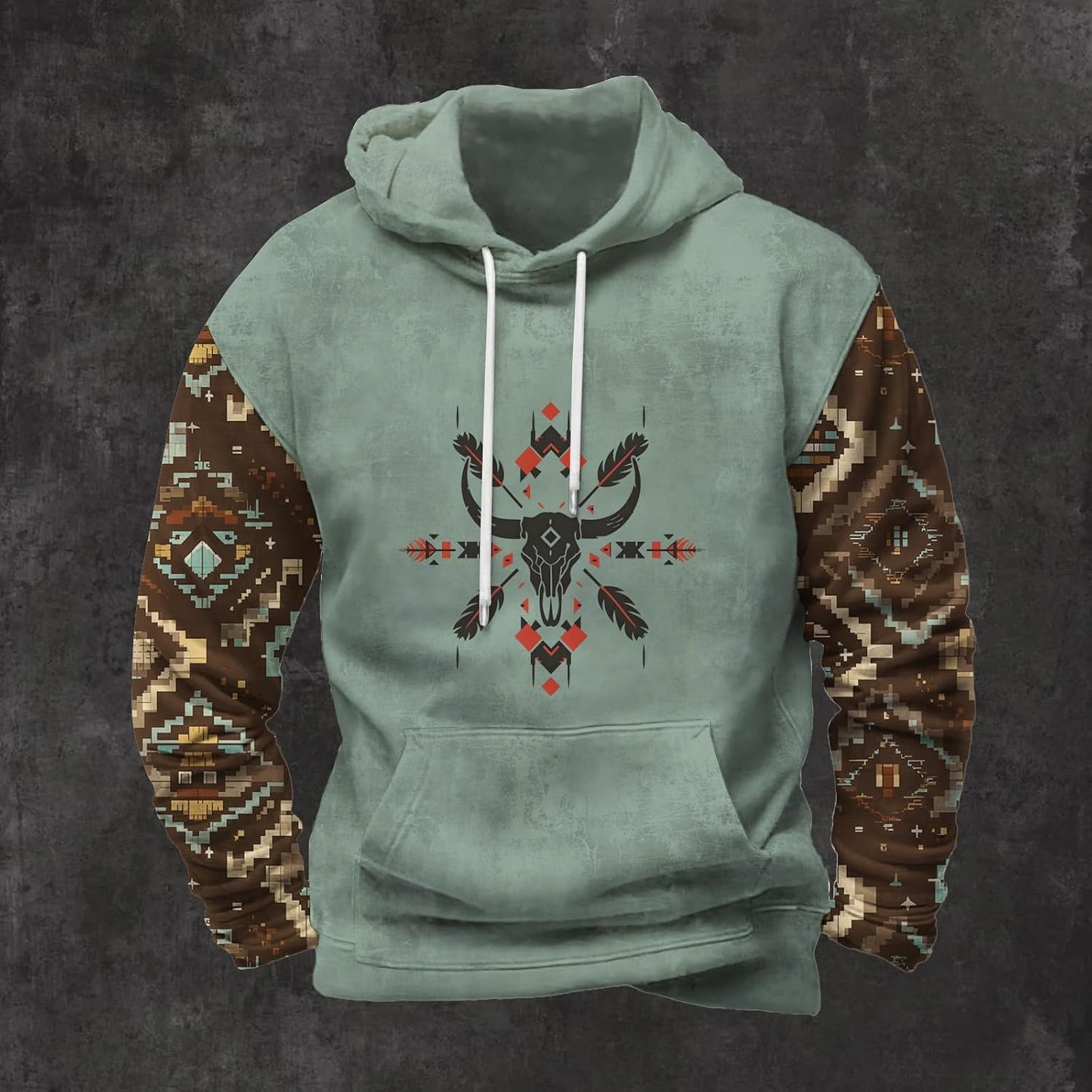 Befox Mens Sweatshirts,Aztec Hoodie Western Vintage Fall Long Sleeve Hooded Tops Tribal Graphic Pullover With Pockets