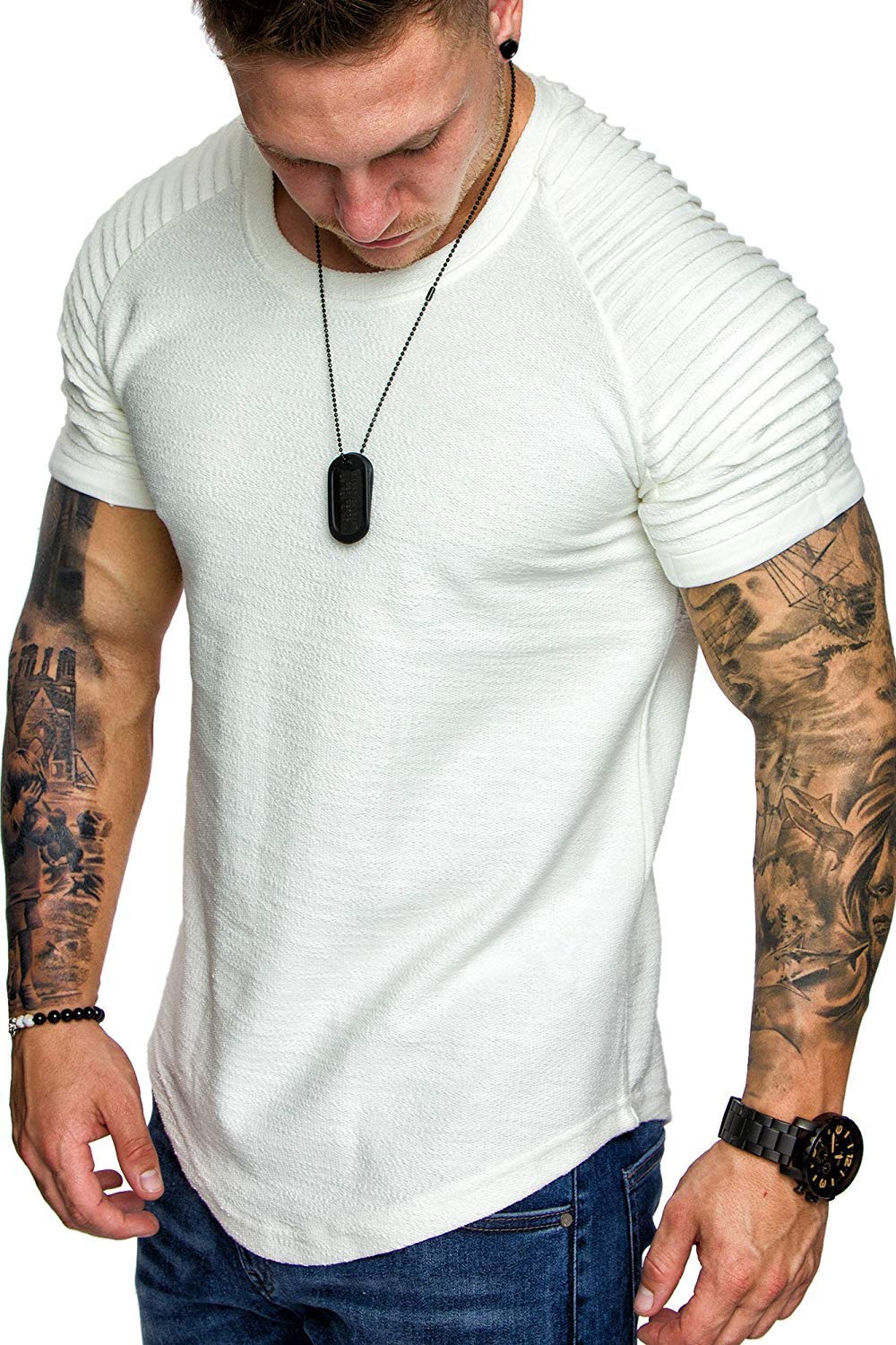 TOFOX Men's Muscle T-Shirt Pleated Raglan Sleeve Bodybuilding Gym Tee Short Sleeve Fashion Workout Shirts Hipster Shirt