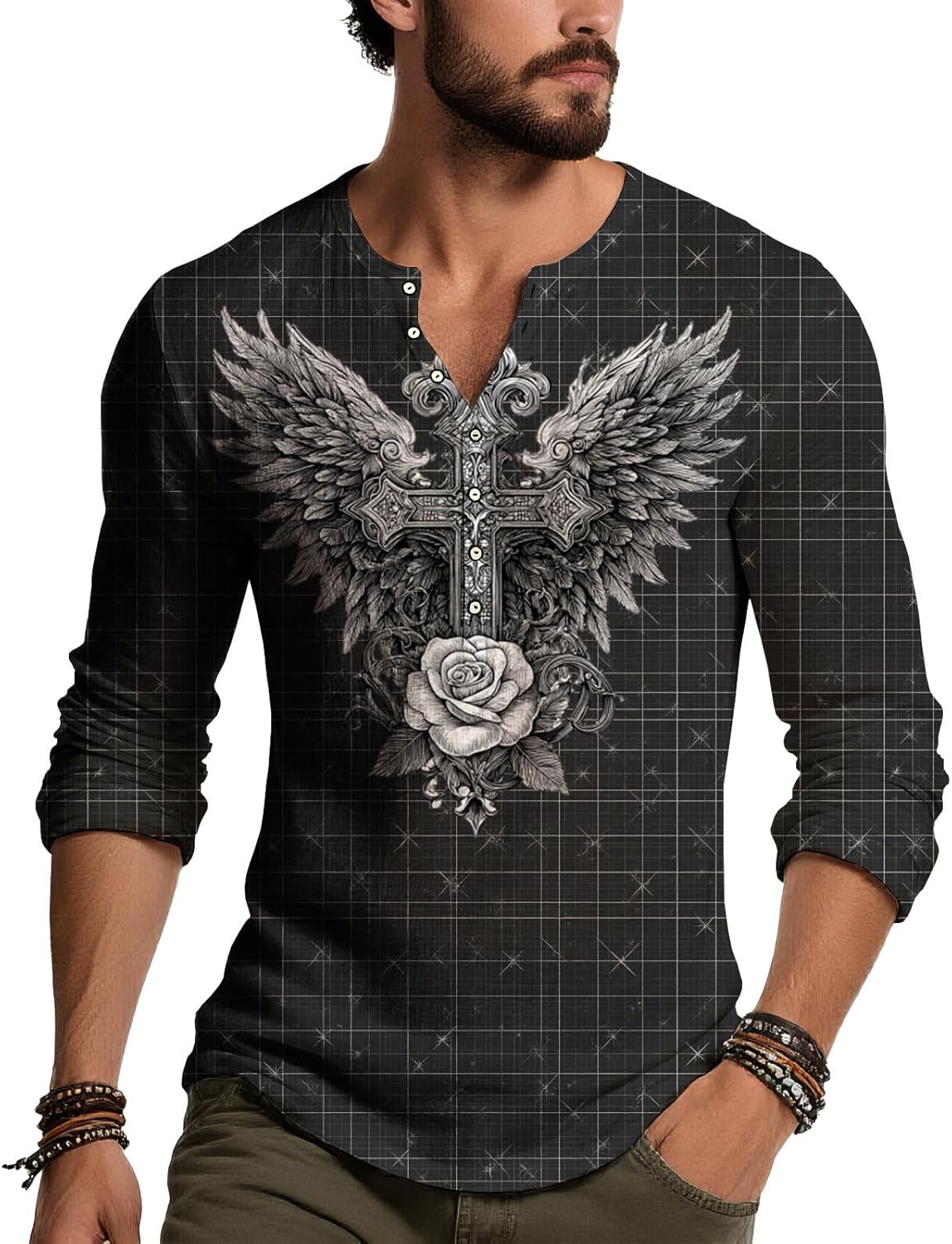 JiffPom Distressed Henley Tshirts for Men Pullover Long Sleeve Button Up T-Shirts Vintage Graphic Tees Washed Streetwear Tops