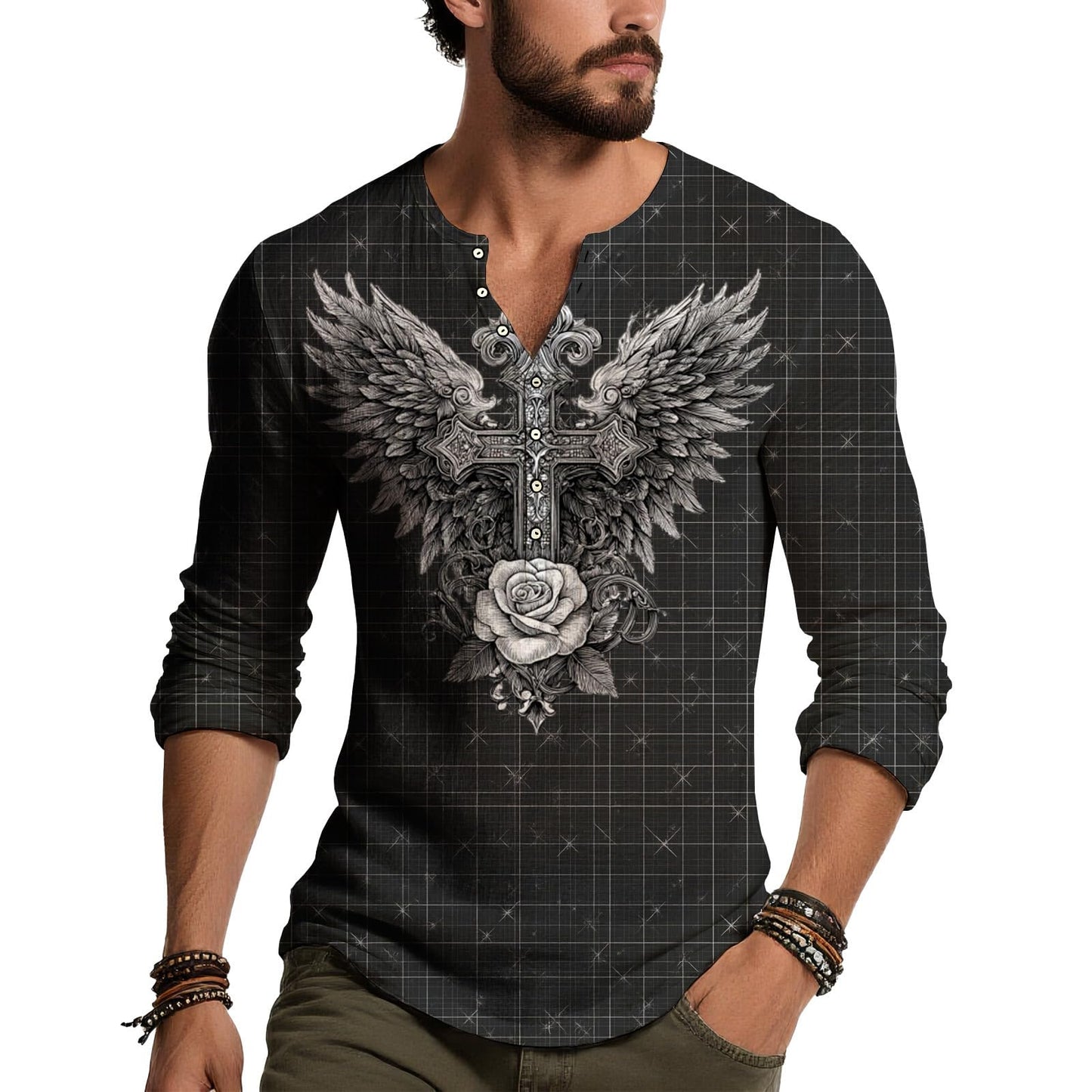 JiffPom Distressed Henley Tshirts for Men Pullover Long Sleeve Button Up T-Shirts Vintage Graphic Tees Washed Streetwear Tops