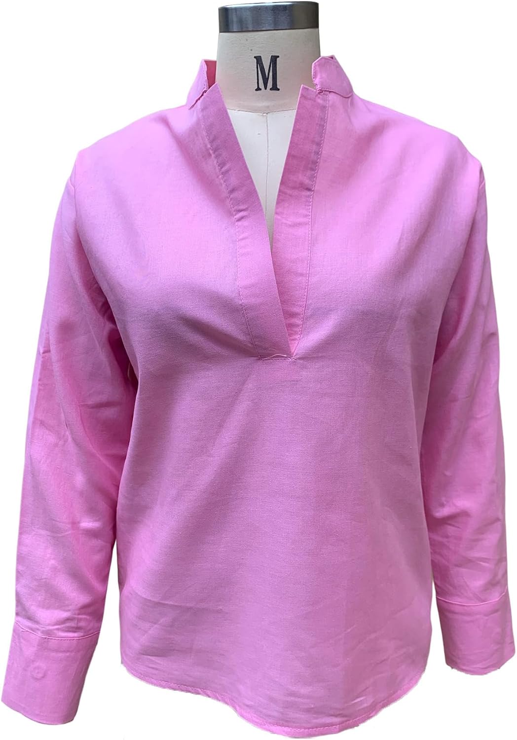 Gymrex Linen Blouse for Women 2026 Trendy Stand Collar V Neck Long Sleeve Tops Lightweight Dressy Casual Business Shirts L Pink