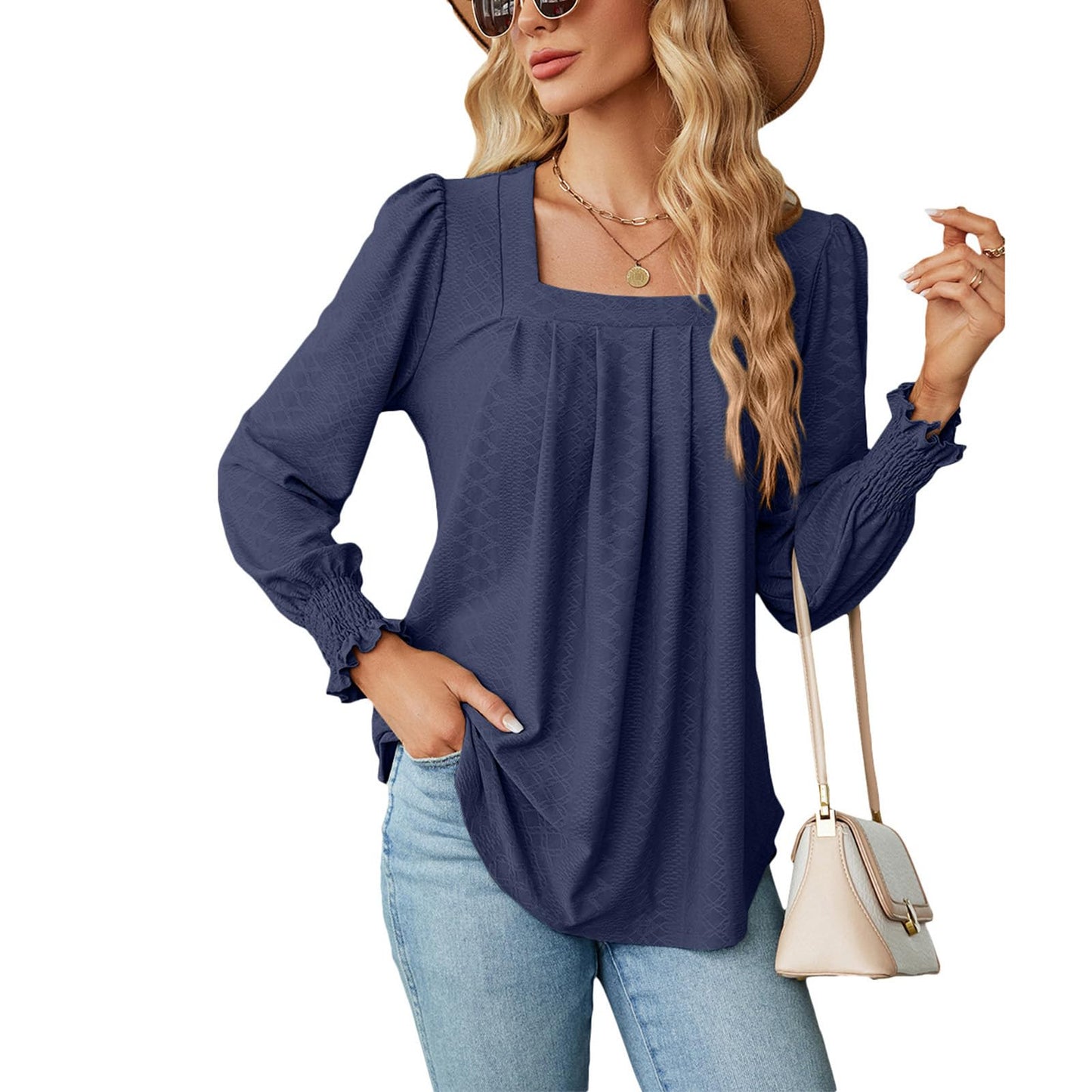 Befox Square Neck Pleated Tops for Women, Flowy Tunic Blouse Puff Sleeve Lightweight Loose Dressy Casual Pleated Shirt