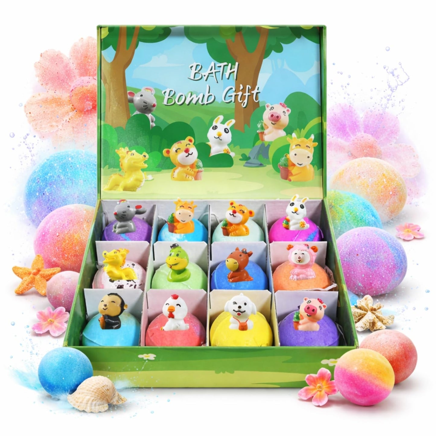 Kribee Bath Bombs with Surprise Inside - 6/12 Pack Organic Bubble Fizzy with Toys, Natural Sea Salt Color Changing Bath Balls - Dinosaur Egg、Animal、Ocean Theme Bath Fizzies (Green 12pcs)