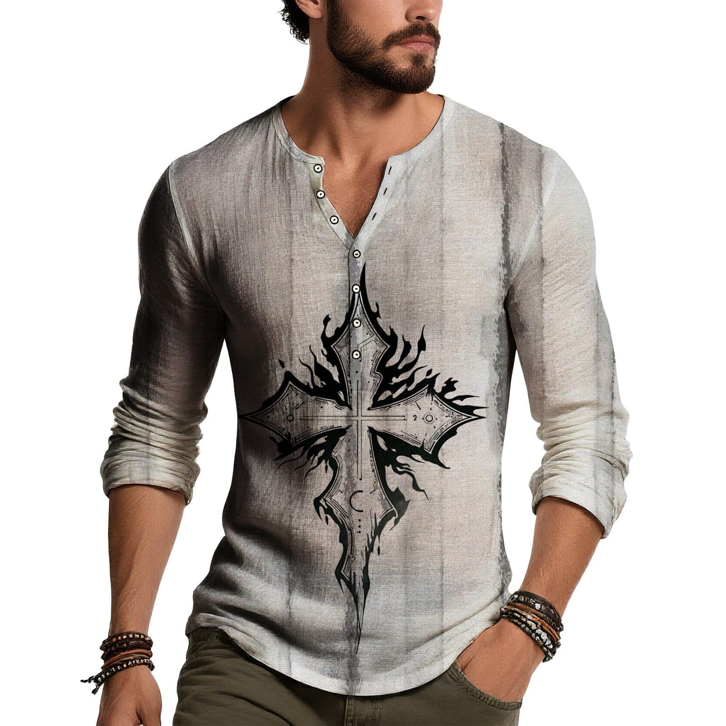 JiffPom Distressed Henley Tshirts for Men Pullover Long Sleeve Button Up T-Shirts Vintage Graphic Tees Washed Streetwear Tops