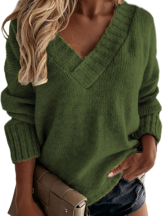 WAZZAP Sweater for Women Fall Winter 2025 V Neck Long Sleeve Casual Loose Knit Pullover Chunky Sweater Plus Size Army Green L