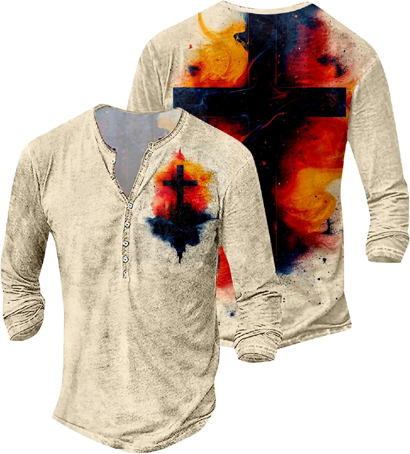 JiffPom Mens Christian Faith Long Sleeves Silky Henley Shirt Cool Jesus Cross Print Casual Button Down Polo Shirts