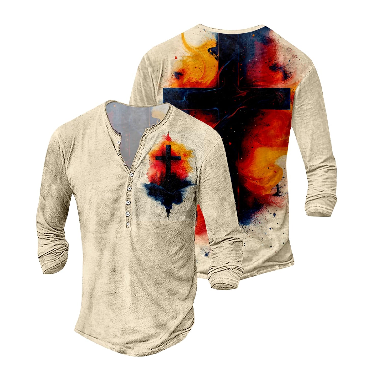 JiffPom Mens Christian Faith Long Sleeves Silky Henley Shirt Cool Jesus Cross Print Casual Button Down Polo Shirts