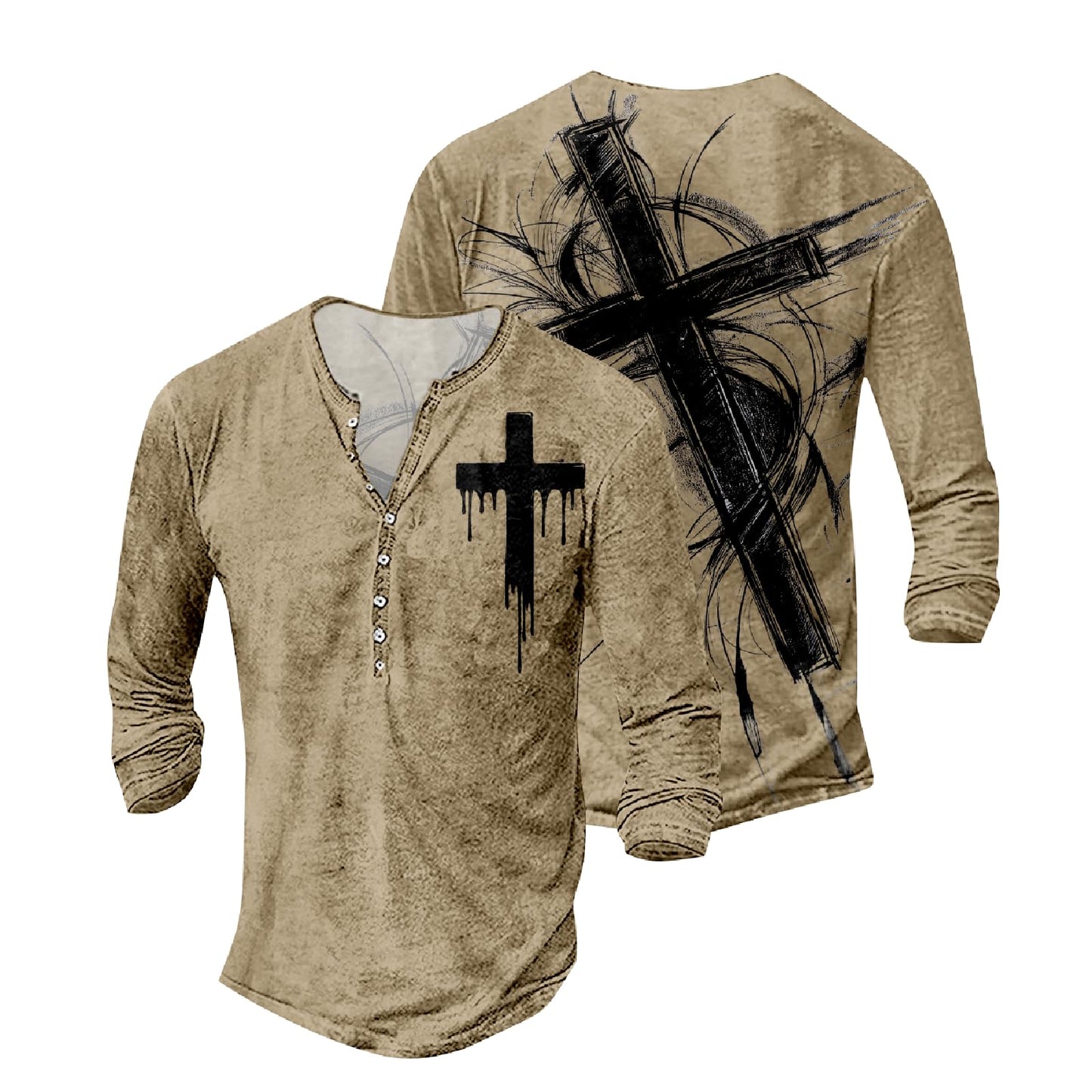 JiffPom Mens Christian Faith Long Sleeves Silky Henley Shirt Cool Jesus Cross Print Casual Button Down Polo Shirts