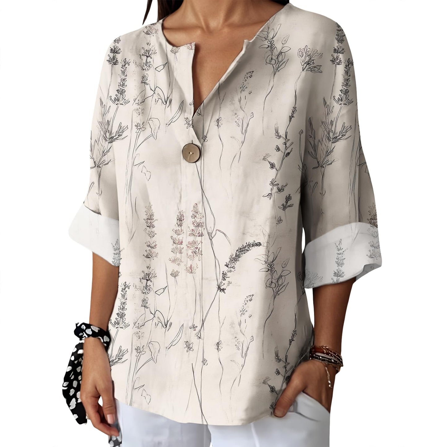 Befox Womens Spring Tops Business Vintage 3/4 Sleeve Boho Button Tunic Linen Blend Floral Printed V-Neck Summer T Shirts