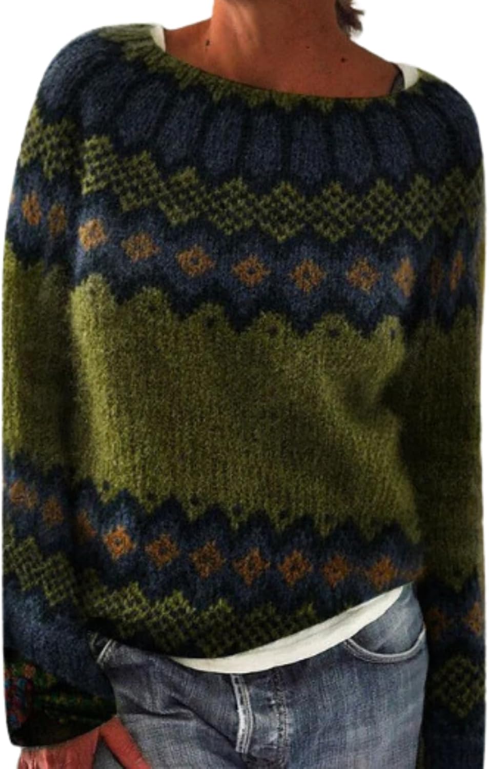 WAZZAP Fair Isle Sweater for Women Fall Winter Casual Crewneck Long Sleeve Lightweight Pullover Tops