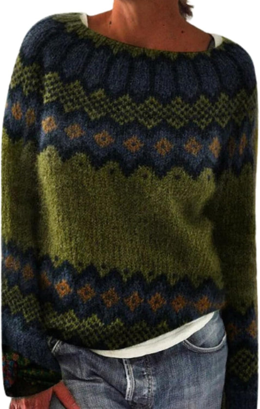 WAZZAP Fair Isle Sweater for Women Fall Winter Casual Crewneck Long Sleeve Lightweight Pullover Tops