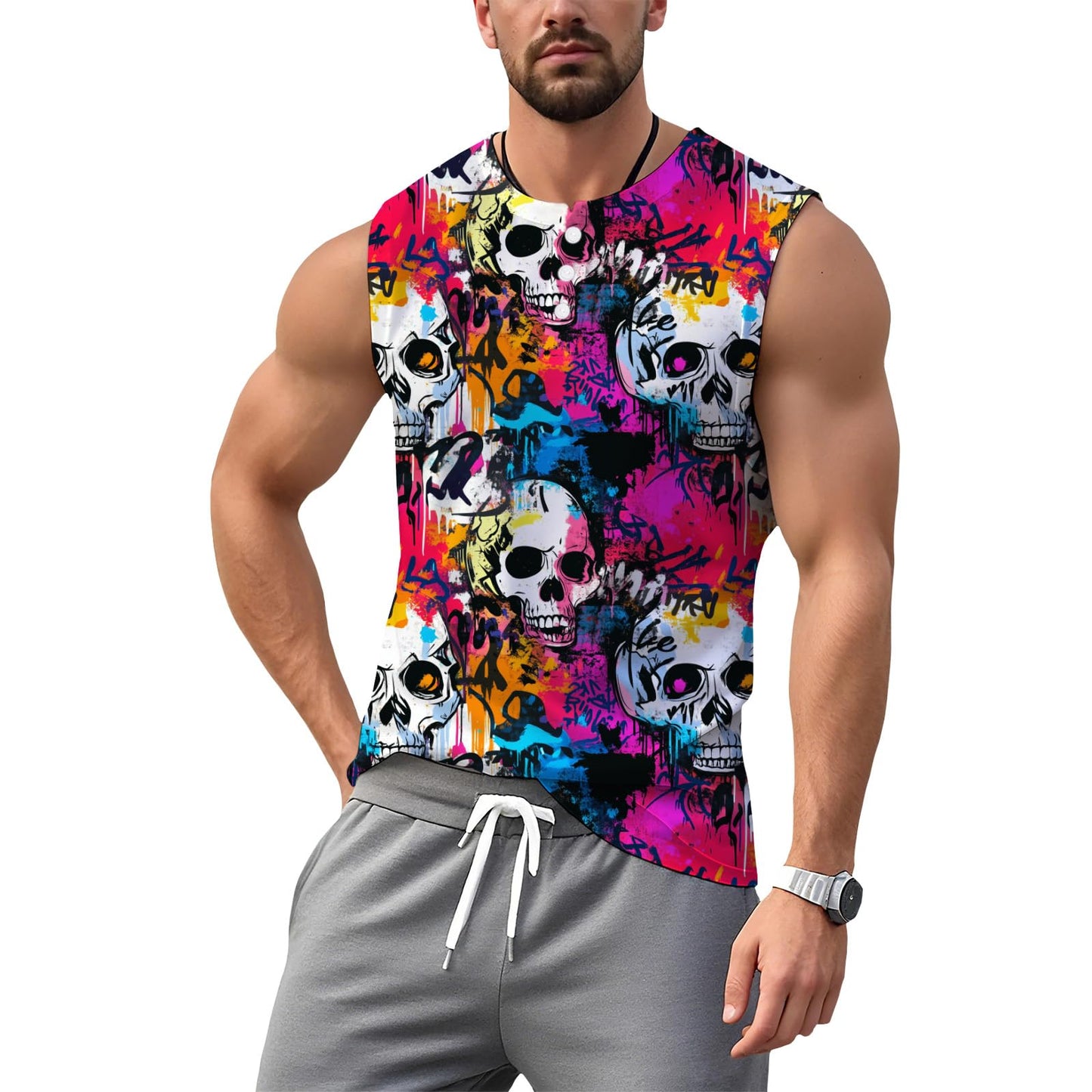 NAVARCH Mens Tank Tops for Workout Skull Print Casual Sleeveless Muscle Shirts Crewneck Loose Fit Basic Beach Top