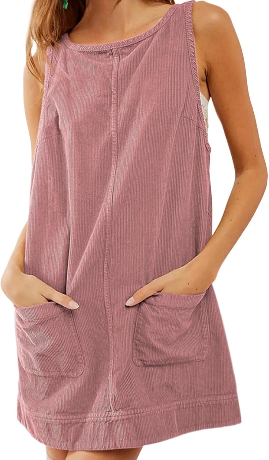 GYMDOG Casual Dresses for Women Corduroy Crewneck Tunic Sleeveless Pleated Loose Fit Work Mini Dress with Pockets