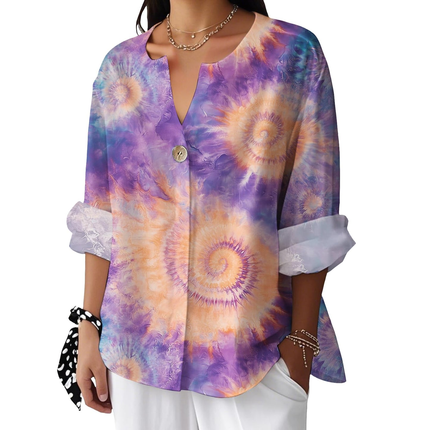 Reigee Hawaiian Shirts for Women 3/4 Sleeve Linen Shirts Floral Print Button V Neck Casual Loose Summer Graphic Tops Blouse