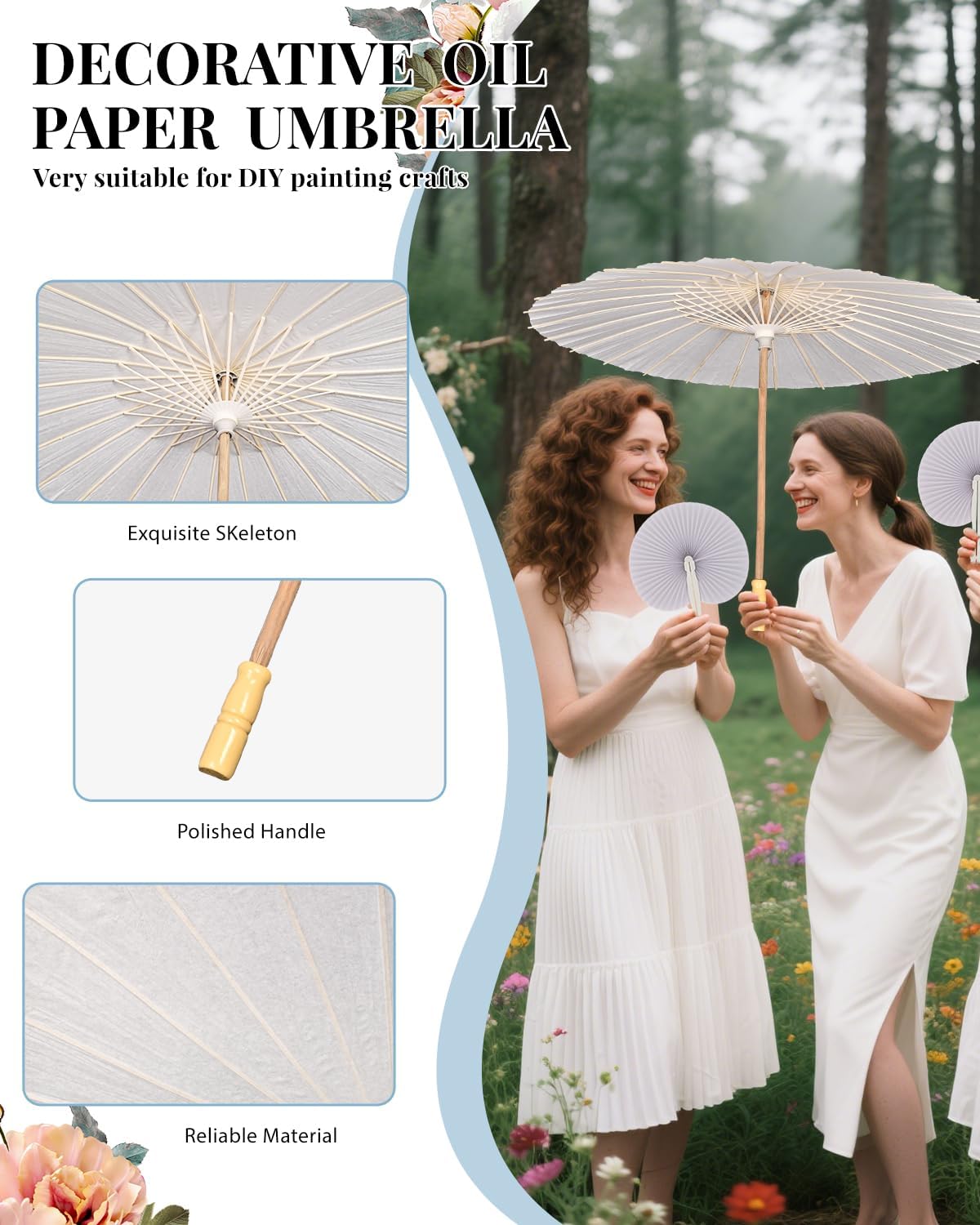 JiffPom 33 Inch White Paper Umbrella with Folding Heart Fan – Chinese Japanese Style Parasol for DIY Painting, Wedding, Bridal Shower, Photography, Party Decoration