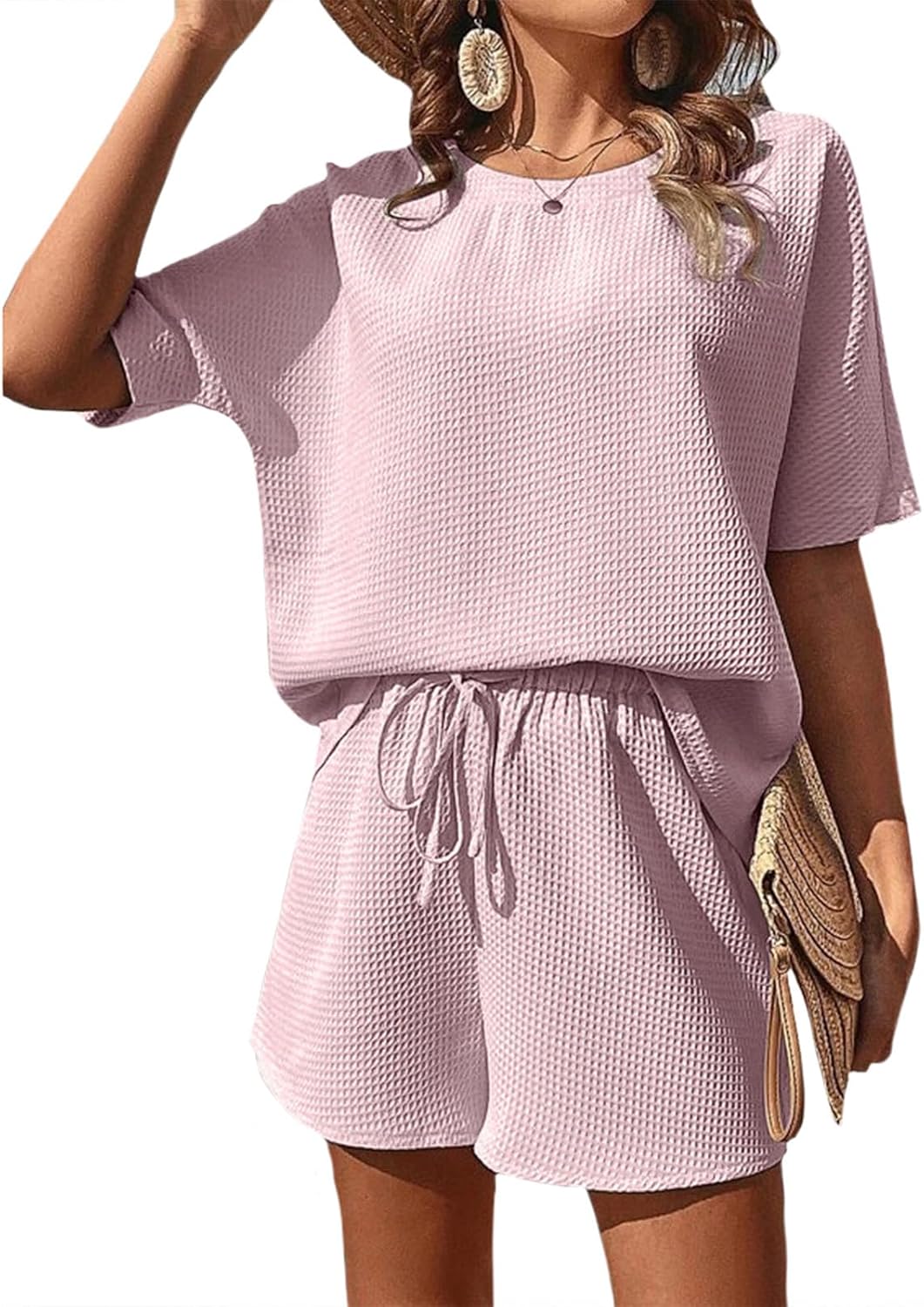 NAILONG 2 Piece Lounge Set for Women, Waffle Knit Short Sleeve Crew Neck Shirts & Drawstring Shorts Casual Pajama Sets