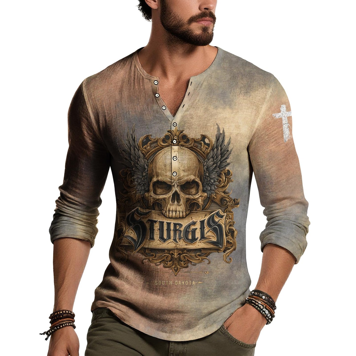 JiffPom Distressed Henley Tshirts for Men Pullover Long Sleeve Button Up T-Shirts Vintage Graphic Tees Washed Streetwear Tops