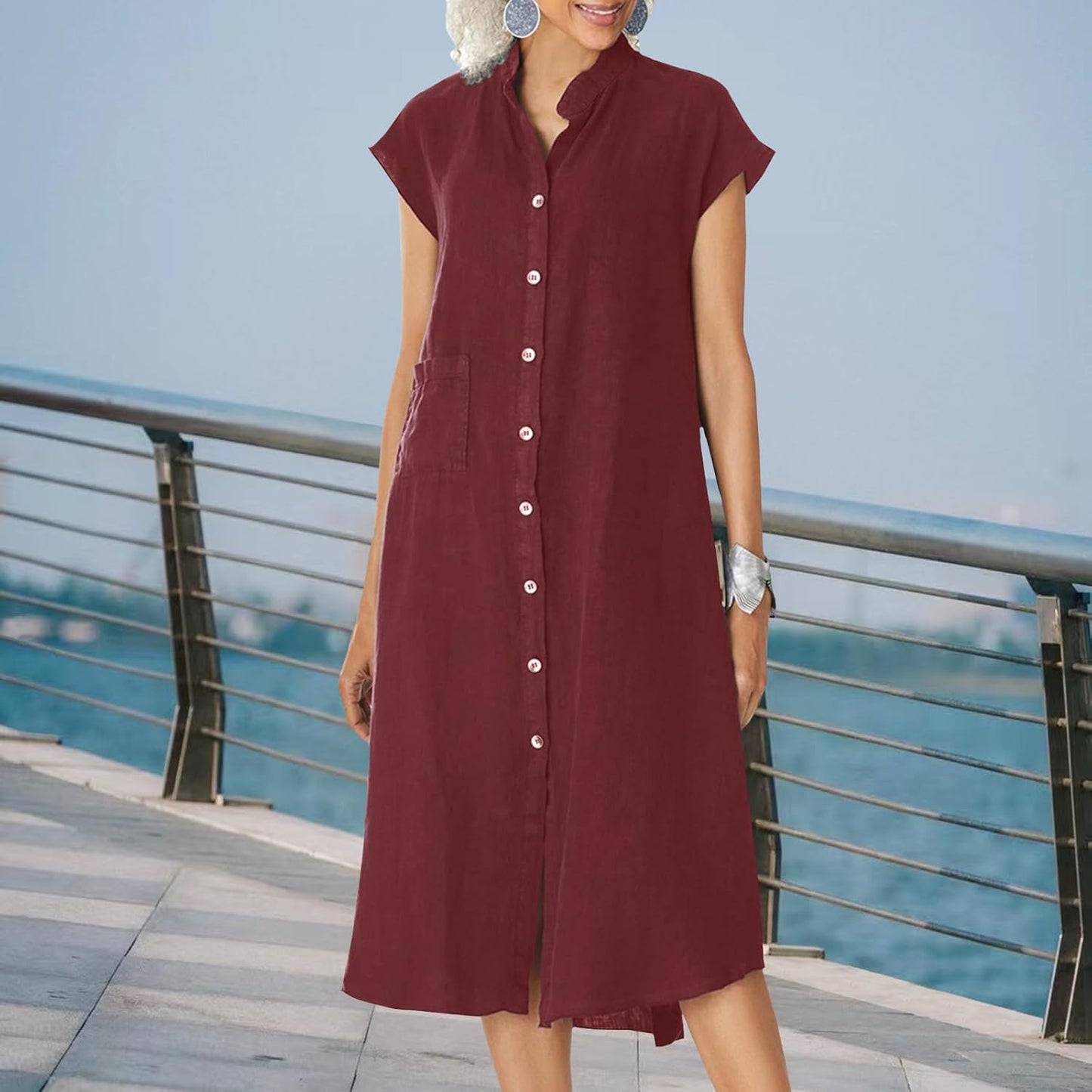 NAILONG Linen Button Up Shirt Dress for Women, Cap Sleeve Summer Casual Flowy Beach Vacation Linen Midi Dress with Pockets
