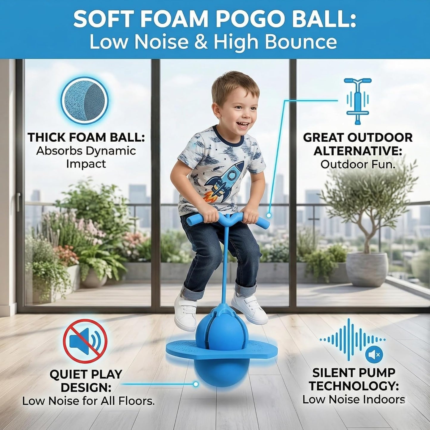 Kribee 2026 Upgraded Pogo Ball, Balance Jumping Ball with Adjustable Handle & Pump, High Jump Bounce Trick Board Pogo Jumper, Quiet Indoor Outdoor Energy Burner Toy