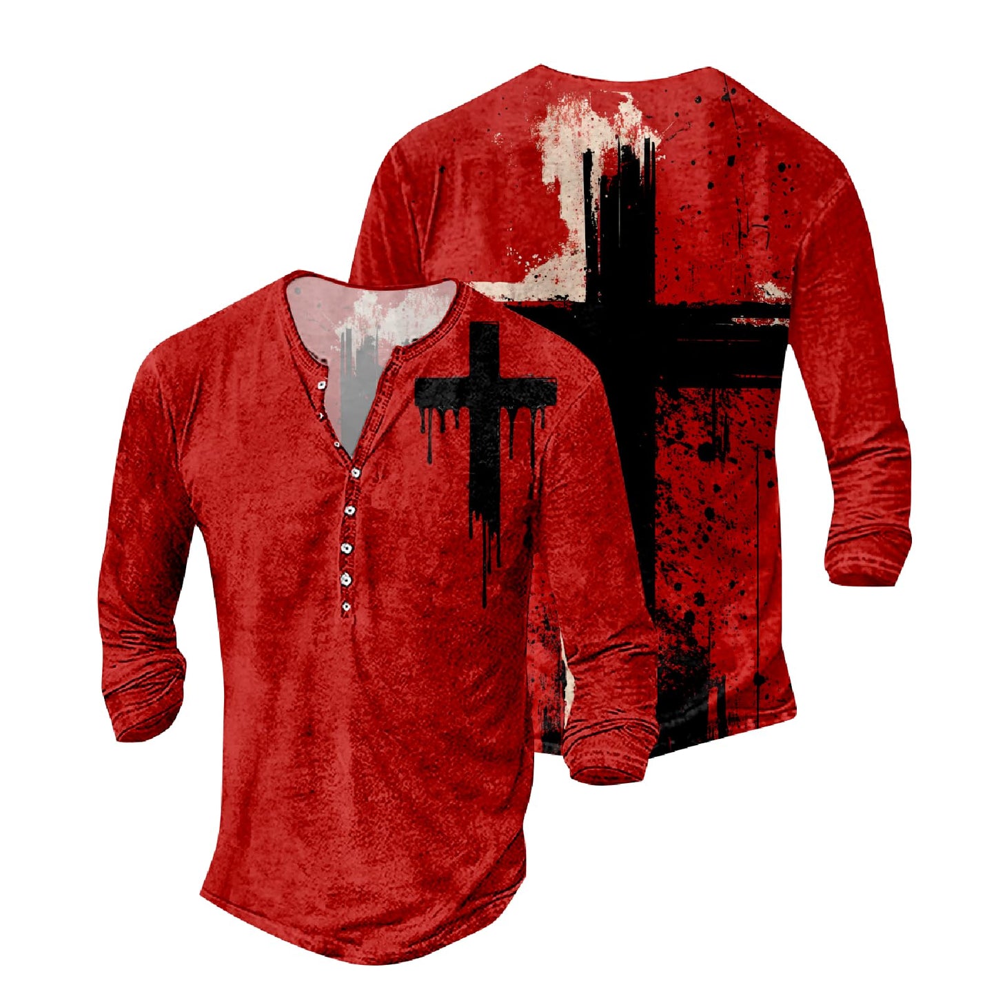 JiffPom Mens Christian Faith Long Sleeves Silky Henley Shirt Cool Jesus Cross Print Casual Button Down Polo Shirts
