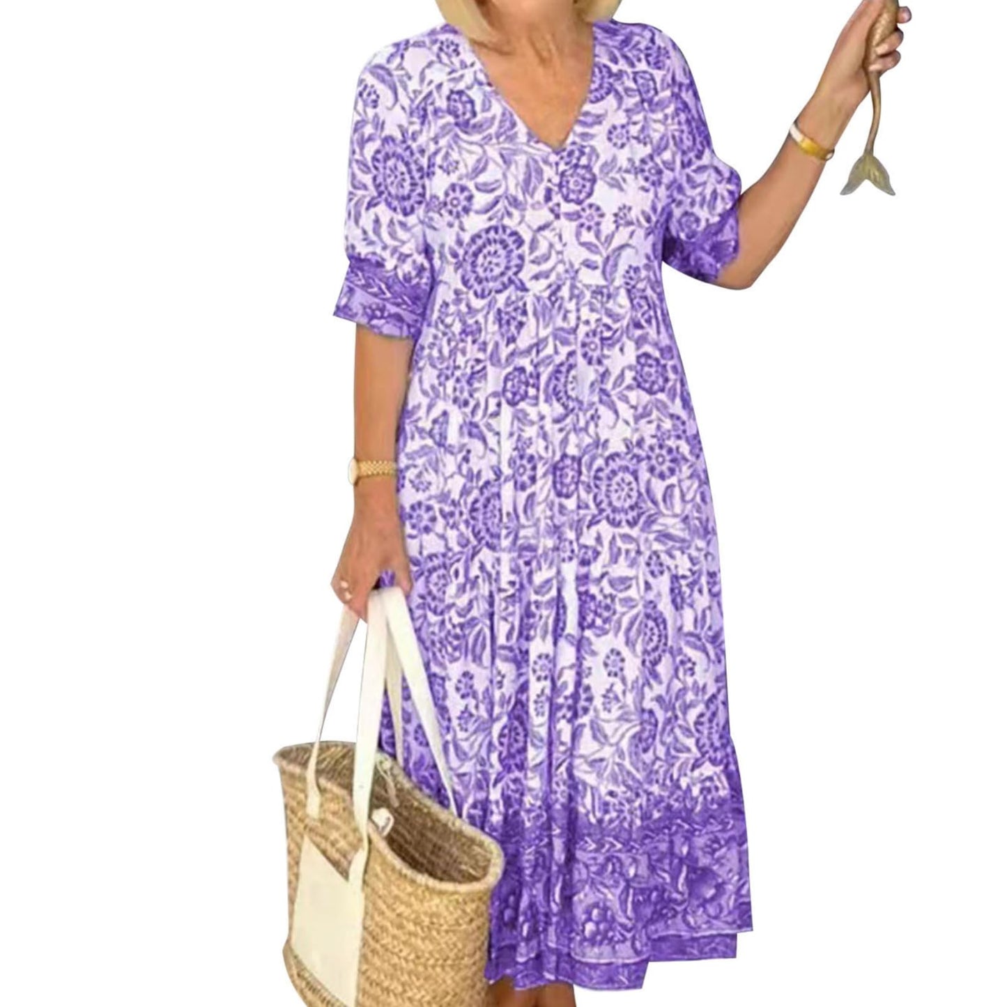 GYMDOG Elegant Flowy Flower Print Boho Maxi Dress for Women V Neck Short Sleeve Ruffle Swing Hem Dress for Wedding Guest