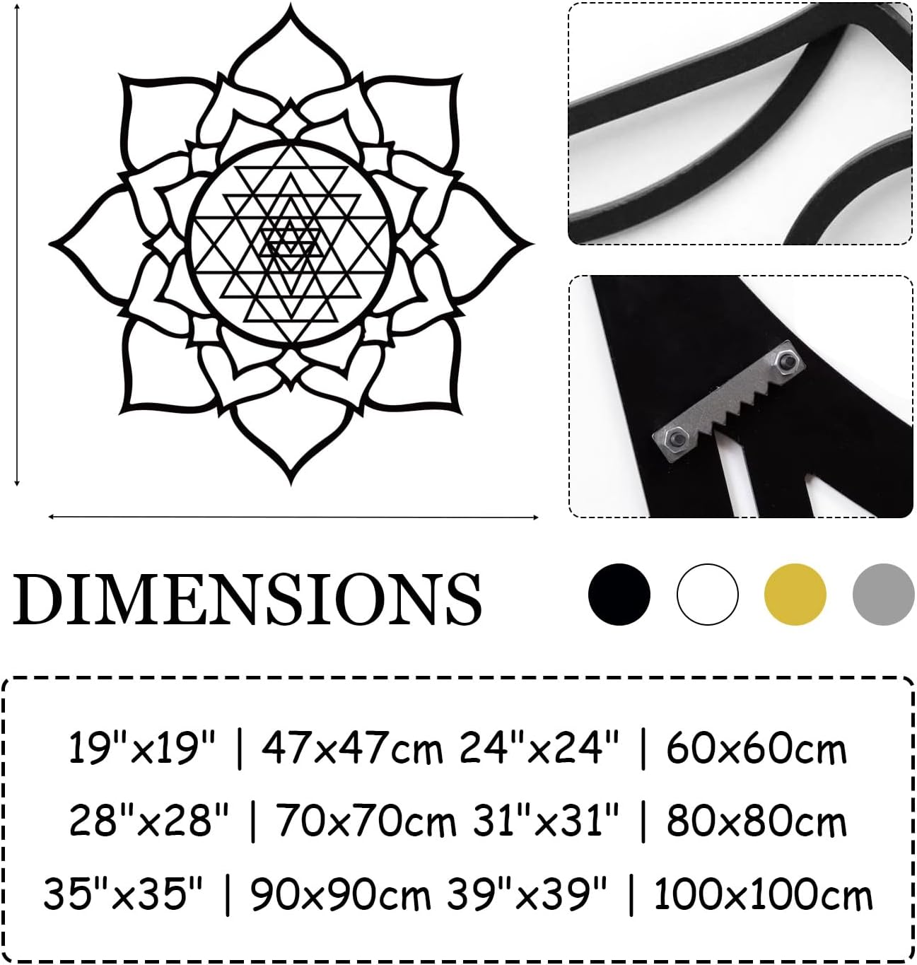 JiffPom Metal Wall Decor, Sacred Geometry Wall Art, Sri Yantra Metal Wall Art, Lotus Wall Decor Metal, Mindfulness Metal Art, Meditation Wall Art, Spiritual Wall Decor, Living Room Wall Decor (39"x39" | 100x100cm, White)