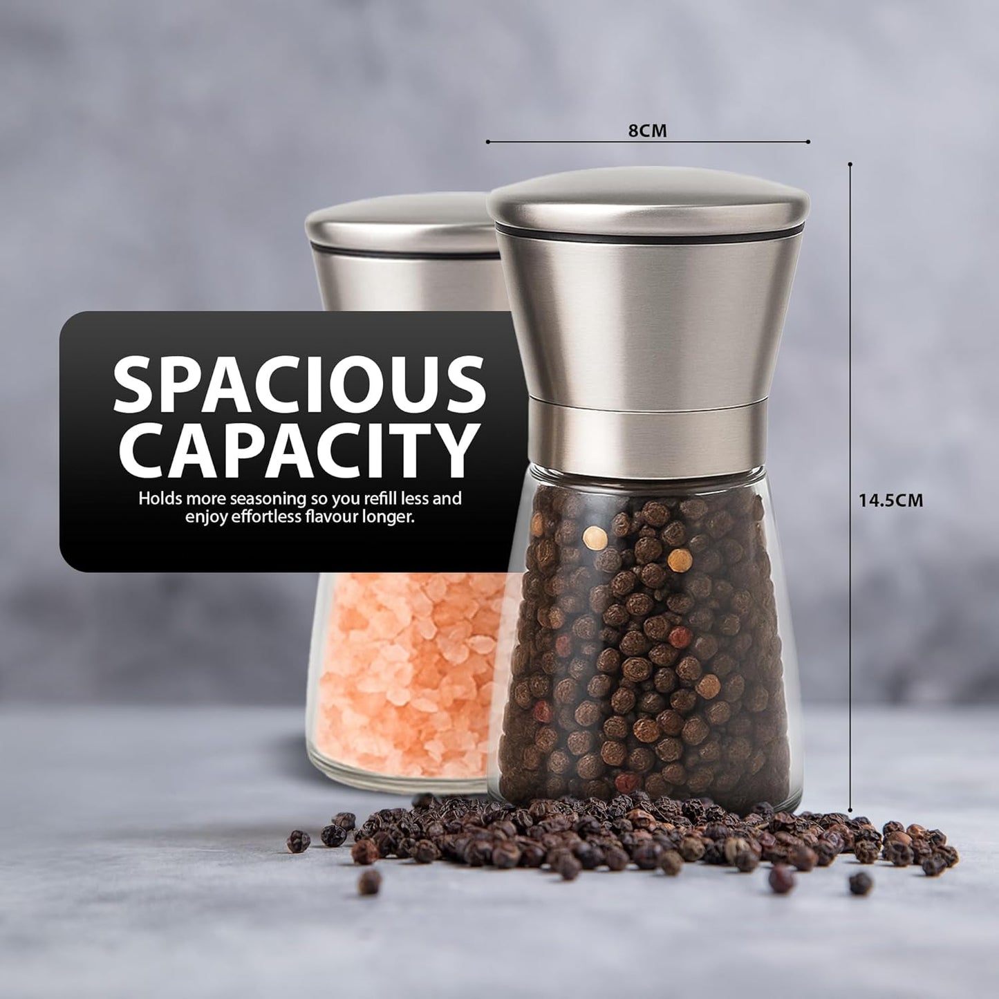 Kribee Salt and Pepper Grinder - Set of 2 | Salt and Pepper Mills | Stainless Steel Salt and Pepper Grinder Set | Pepper Grinder | Salt Grinder