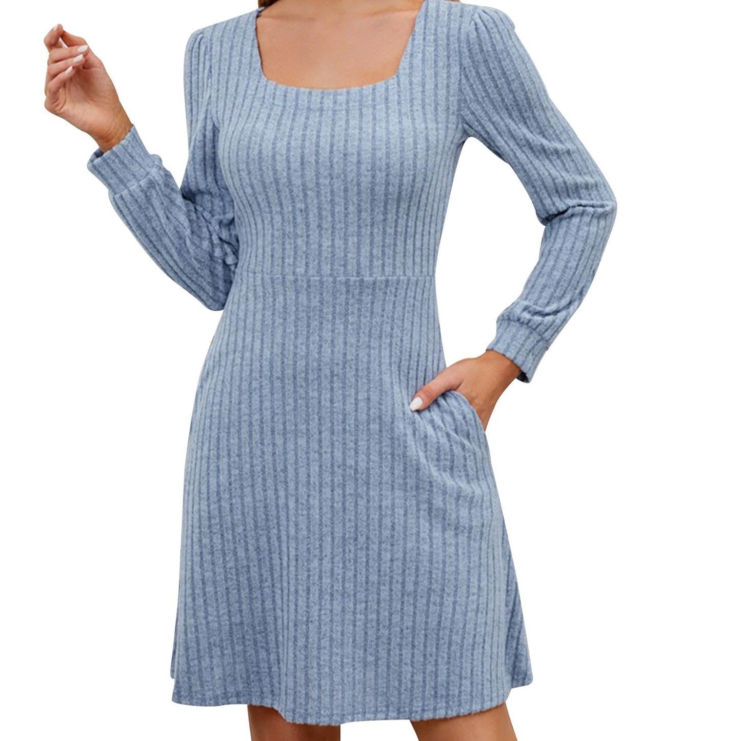 GYMDOG Women Dress for Summer Spring with Square Neck Casual Midi Polyester Skirt Solid Stripes Classic Dresses