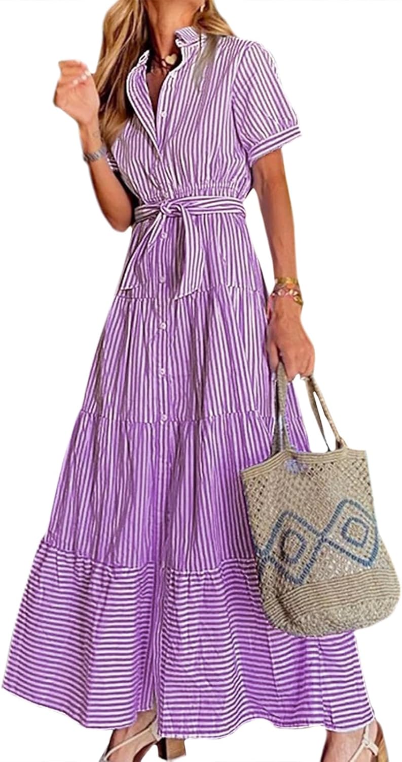 NAILONG Women's Striped Shirt Dress Button Down Vertical Stripes Tie Waist Short Sleeve Long Flowy Maxi Tiered Ruffle Dress