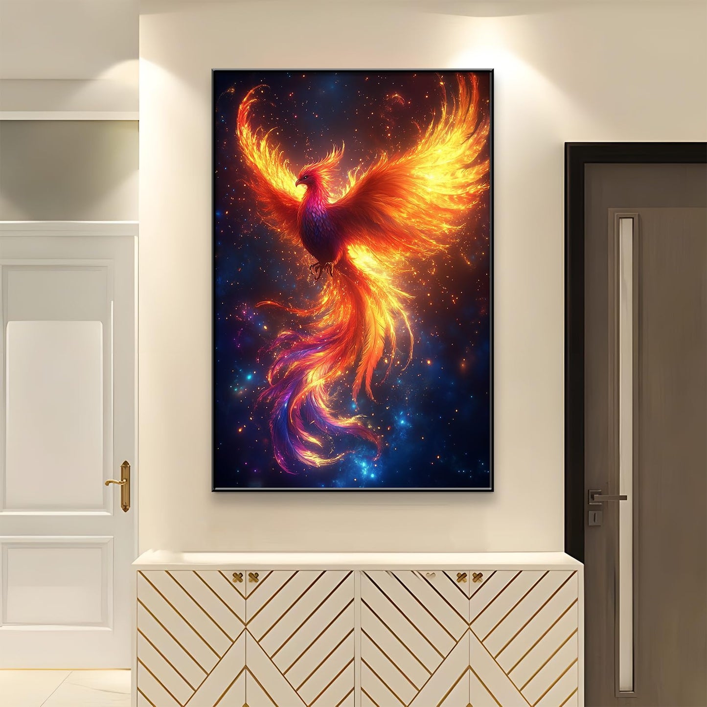 JiffPom Phoenix Rising Canvas Wall Art, Phoenix Canvas Wall Art, Phoenix Fire Bird Wall Art, Mythical Canvas Wall Art, Fantasy Phoenix Wall Decor, Inspirational Home Decor, Office Wall Art (Gold Framed, 32"x48" | 82x122cm)