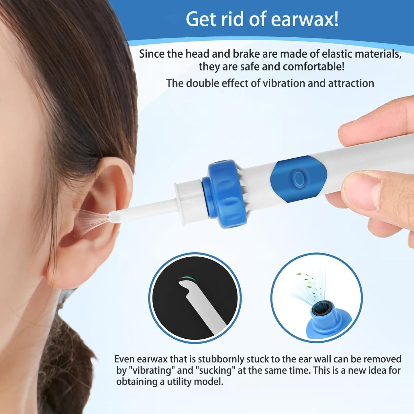 gukoo Ear Wax Removal, Ear Wax Vacuum Removal Kit,Soft and Comfortable Ear Suction Wax Remover Low Noise Electric Vacuum Ear Cleaner for Adults and Children,Includes 2 Silicone Replacement Heads-Light Blue