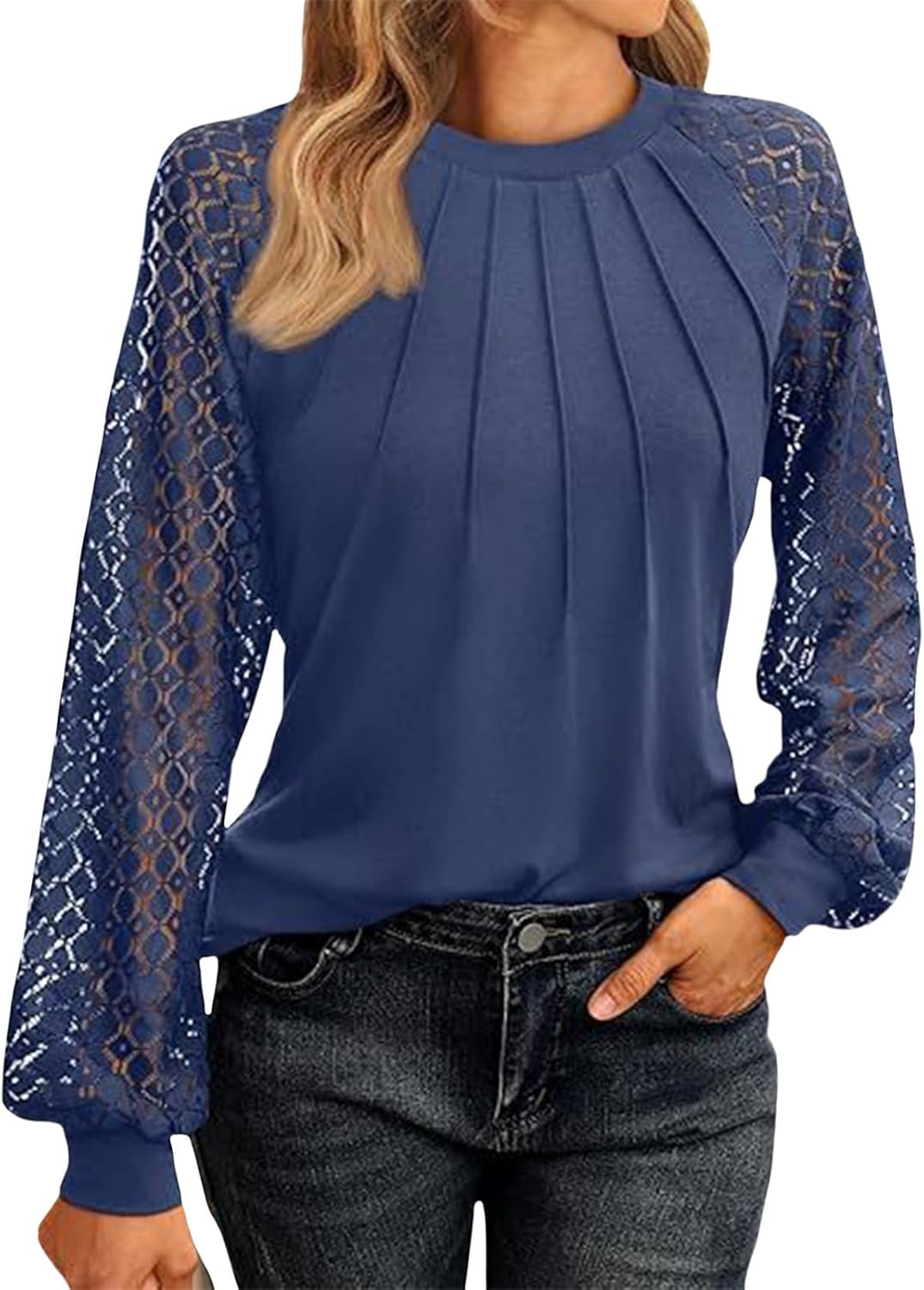 GYMBULL Lace Sleeve Tops for Women Pleated Crew Neck Shirt Dressy Casual Spring Fall Fashion 2026 Trendy Pleated Blouse